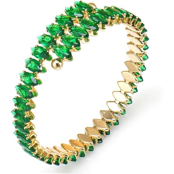 Gold Green Rhinestone Cuff Bracelet Cubic Zirconia Tennis Bracelets for Women - Picture 1 of 7